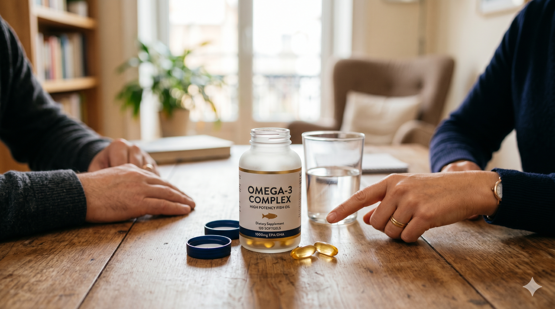Um close-up de um frasco de suplemento de Omega-3 aberto, ao lado de um copo de água e uma mão profissional apontando para o frasco numa conversa.