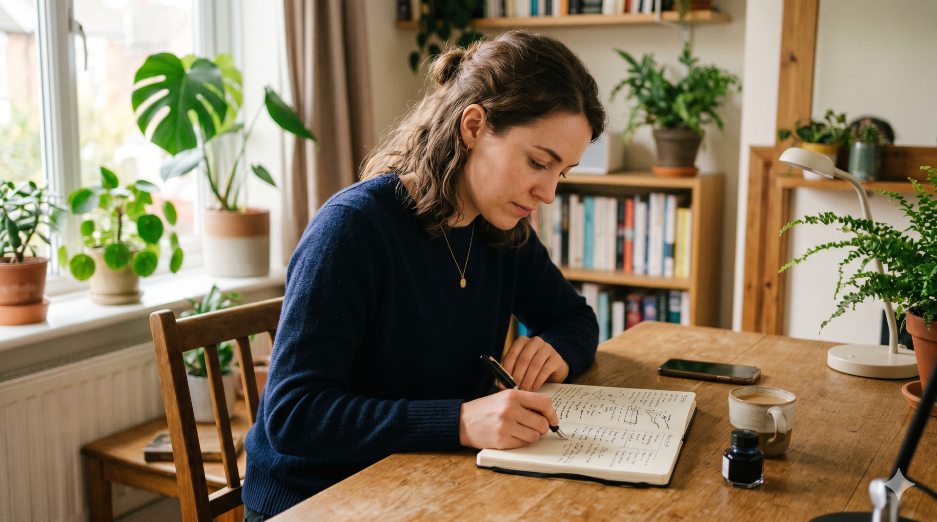 Uma mulher jovem, sentada a uma secretária de madeira, a olhar com concentração para um caderno de notas aberto, com um ambiente calmo e luz natural ao fundo.