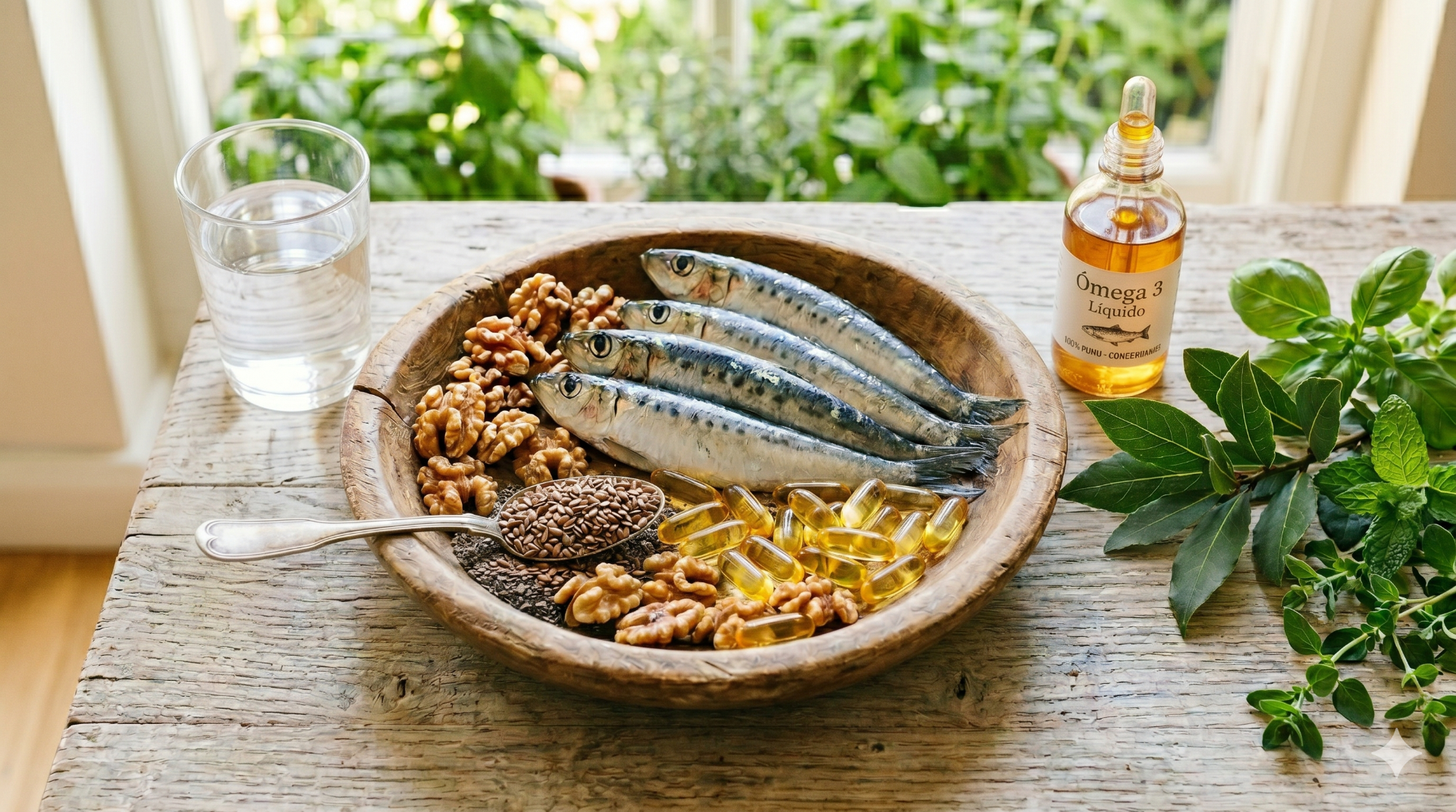 Tigela de madeira com suplementos de ômega-3, peixe, linhaça, chia e nozes ao lado de um copo de água.