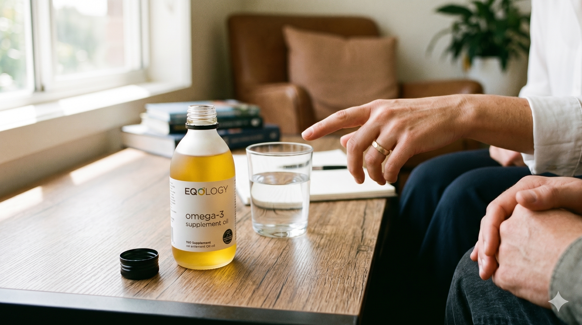 Um close-up de um frasco de suplemento de Omega-3 aberto, ao lado de um copo de água e uma mão profissional apontando para o frasco numa conversa.