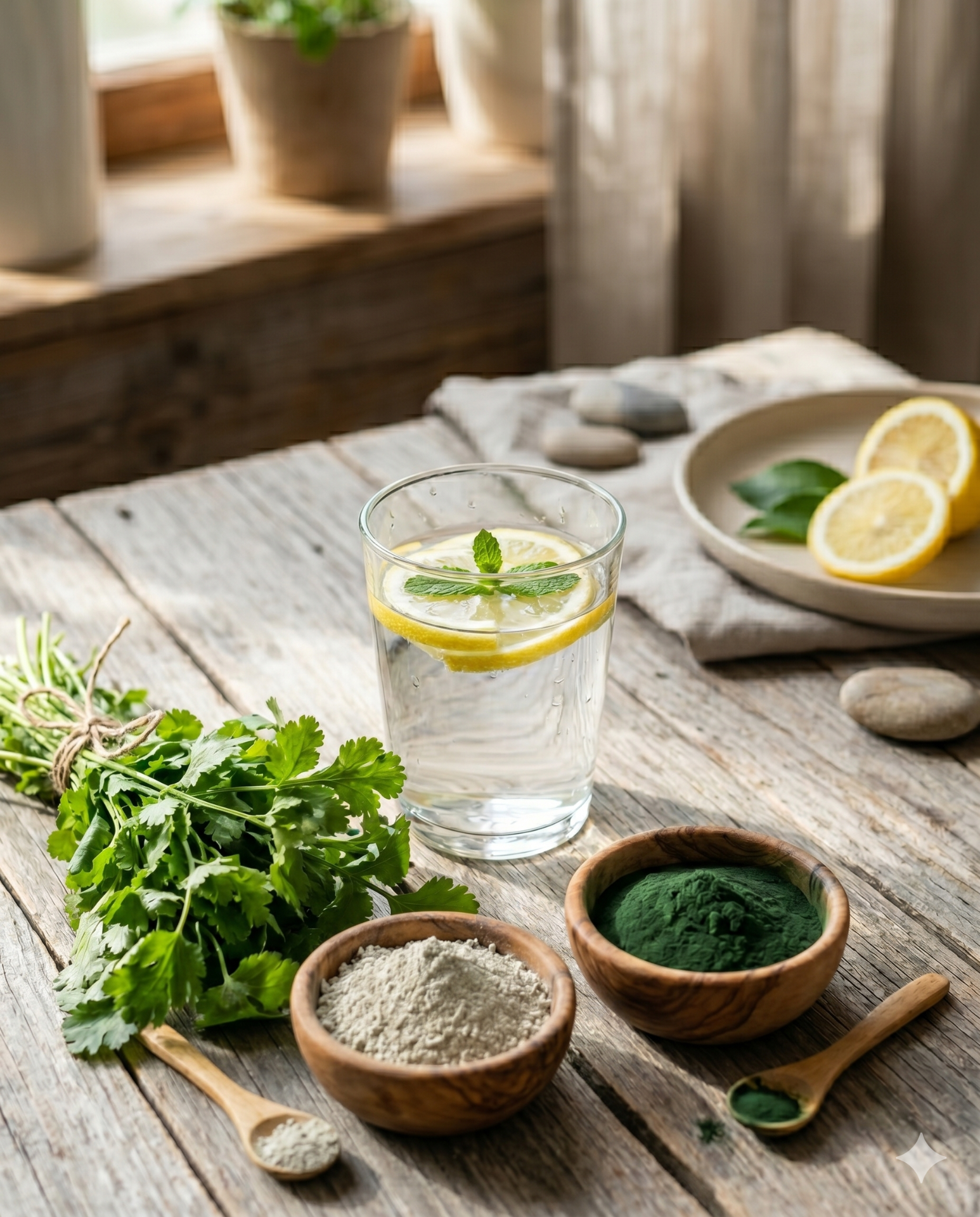Alimentos e suplementos naturais como coentros, clorela, zéolita e limão.
